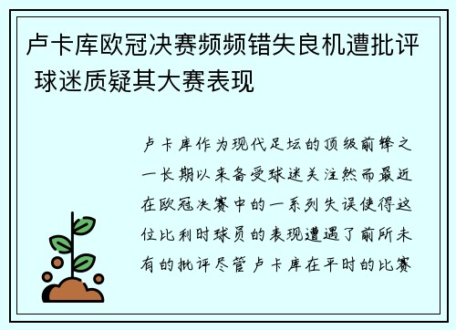 卢卡库欧冠决赛频频错失良机遭批评 球迷质疑其大赛表现