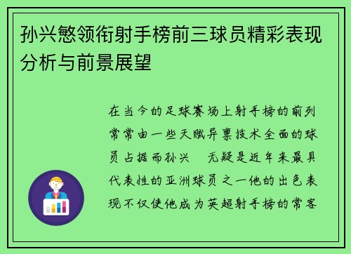 孙兴慜领衔射手榜前三球员精彩表现分析与前景展望